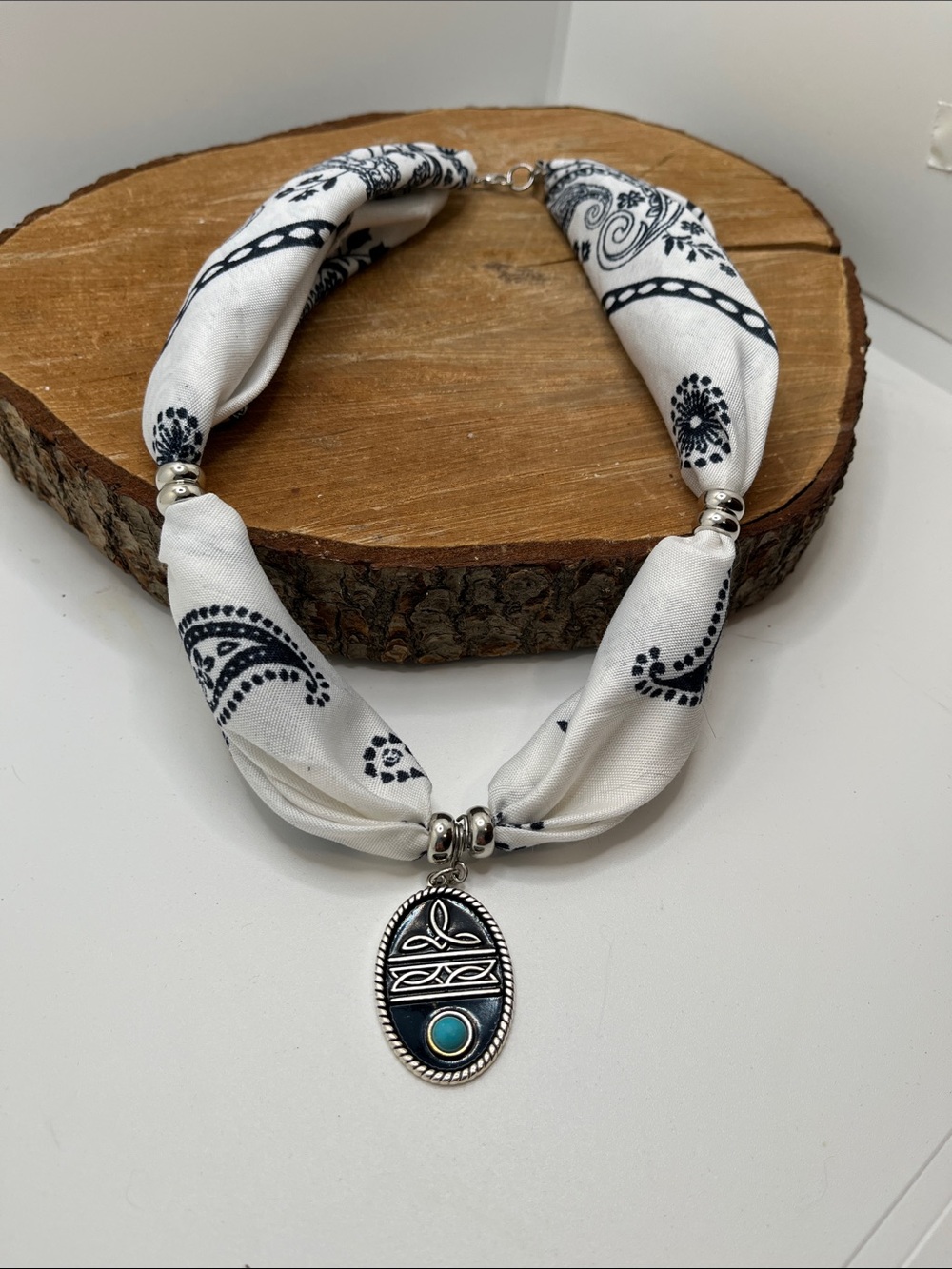 Silver-Tone Turquoise Pendant Scarf Necklace - White Bandana Print